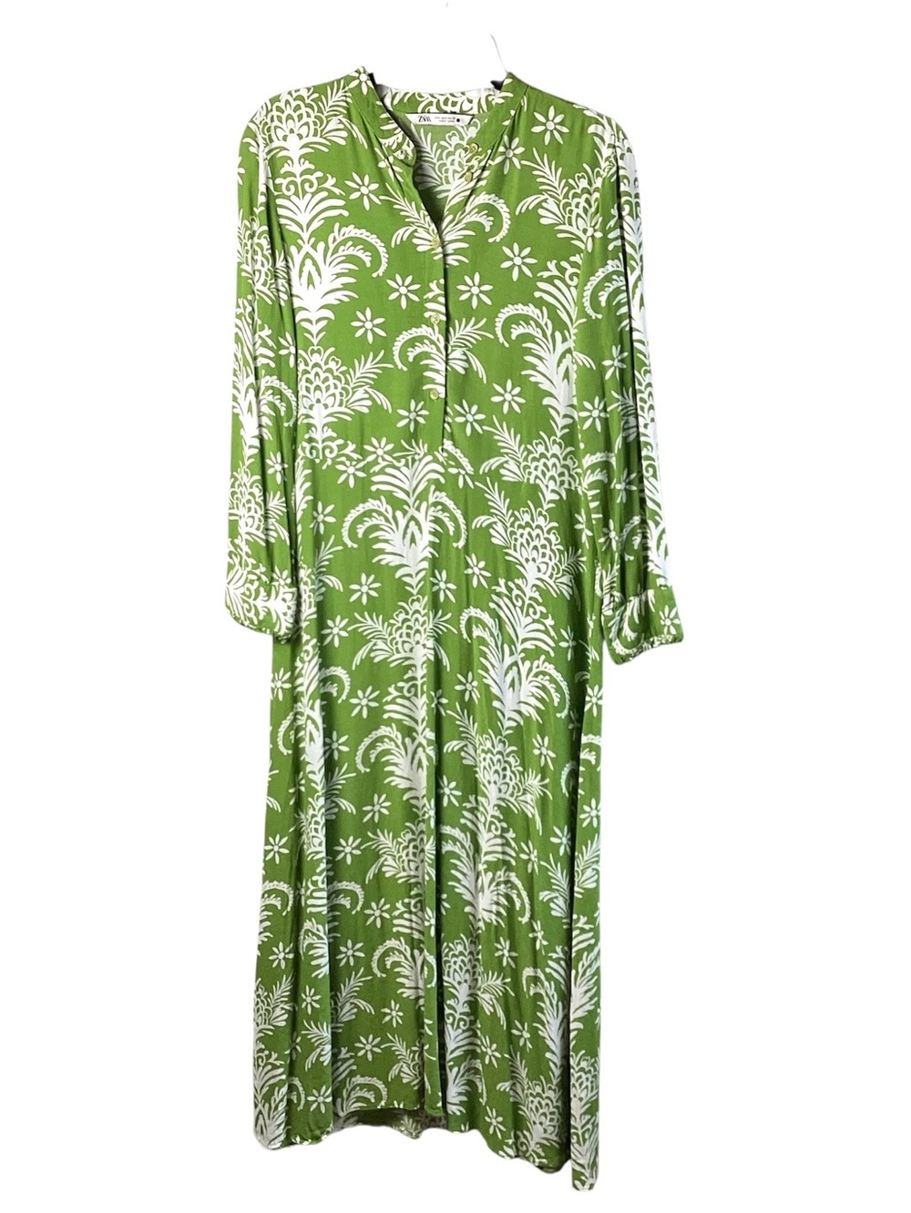 Zara Green and White Floral Button-Front long sleeve midi dress